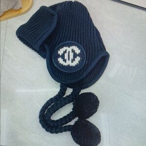 CHANEL Navy Knit Hat with Pom-Poms